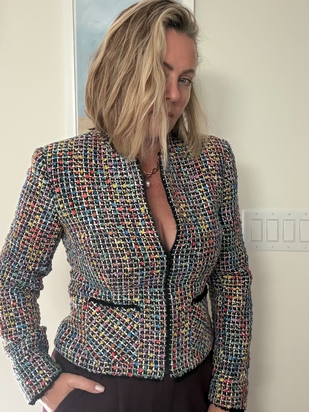 Vintage Anthracite Tweed Jacket Women Size 6 Multicolor Chanel Style Blazer - Picture 5 of 12